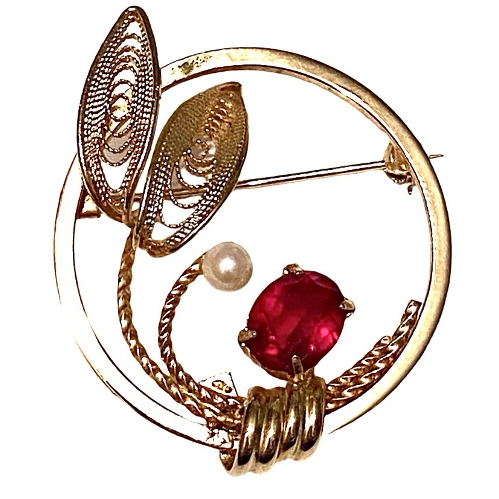 Vintage Red Rhinestone Pearl Brooch Gold